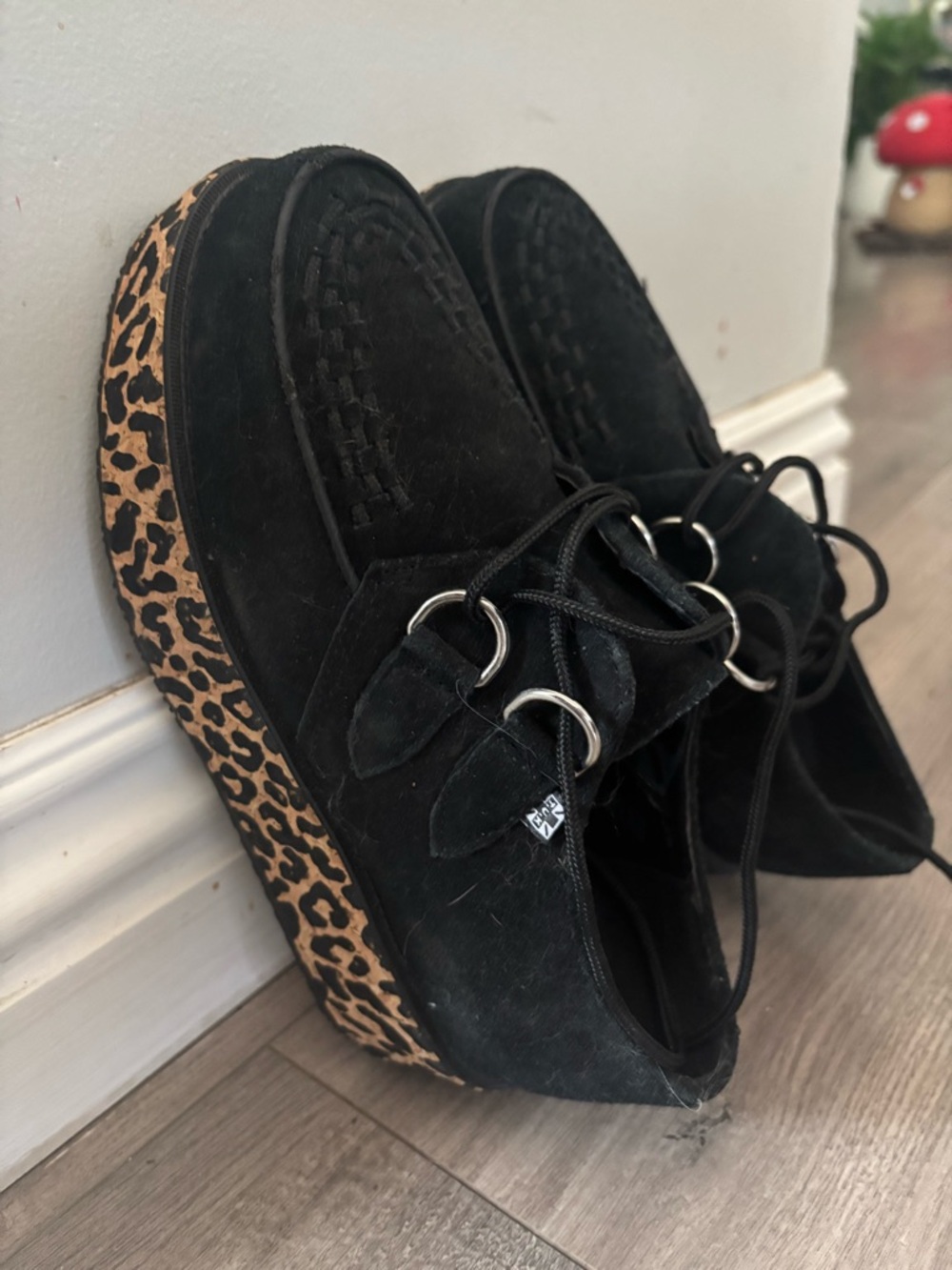 tuk Black Suede Platform Creeper with Leopard Print Sole